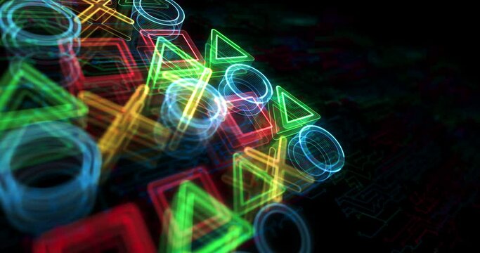 Joystick gaming console video play and cyber esports hologram symbol appears on a electronic circuit background. Network, cyber technology and computer abstract concept 3d seamless and loop animation.