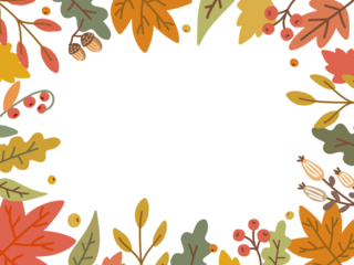 Autumn, Fall, Thanksgiving and Harvest Day frame with hand drawn colorful leaves, berries, acorns. Cute warm background with cozy elements