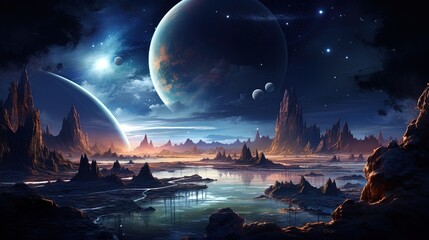 Space background with purple planet landscape, stars, satellites and alien planets in sky. Generative AI.