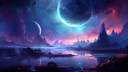 Space background with purple planet landscape, stars, satellites and alien planets in sky. Generative AI.