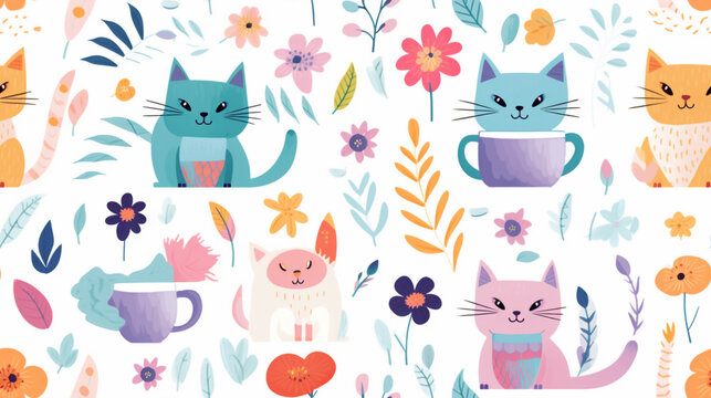 Cute cartoon Ragdoll cat and flower with pink bow seamless pattern. Generative AI