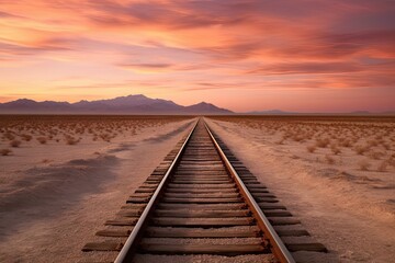 Obraz na płótnie Canvas Travel concept. Railroad track with beautiful desert landscape. Mountain view at classic sunset background. Transportation and sky