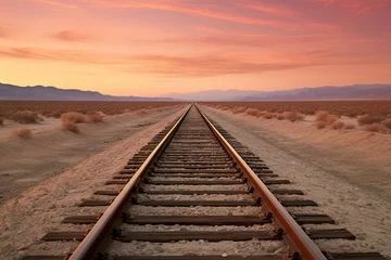 Acrylic prints Railway Travel concept. Railroad track with beautiful desert landscape. Mountain view at classic sunset background. Transportation and sky
