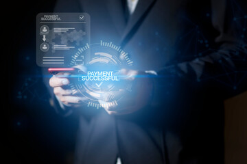 Online payment with digital marketing, Smartphone with banking online bill payment Approved concept button, credit card and network connection icon on business technology virtual screen background