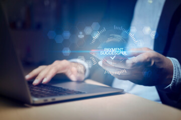 Online payment with digital marketing, Smartphone with banking online bill payment Approved concept button, credit card and network connection icon on business technology virtual screen background