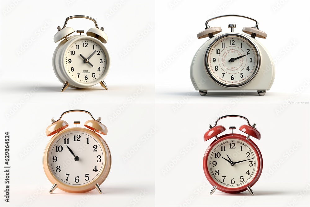 Poster set of alarm clocks isolated on white background.
