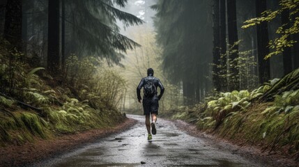 Obraz premium Athlete runnerforest trail in the rain, generative ai