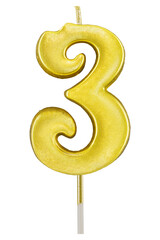 Cutout of an isolated number three golden cake candle with the transparent png
