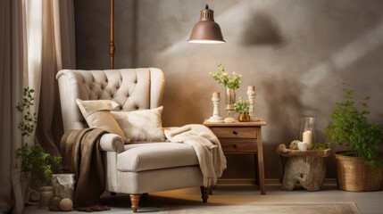 cozy bedroom interior retro armchair vintage, generative ai
