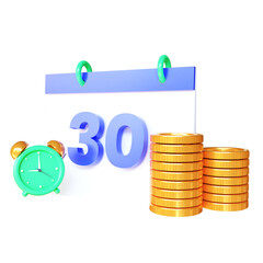 3d calendar and alarm clock with gold coins around. the concept of a reminder of timely payment for services.