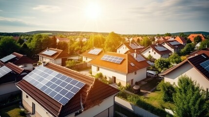 Obraz premium Drone view of residential houses with photovoltaic solar panels alternative and renewable energy concept, generative ai