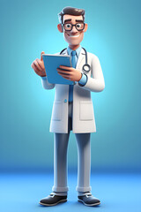 illustration of a  male young doctor holding a clip board and smiling, in the style of worked 3d clay play dough on a blue background 