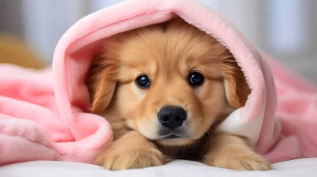 Golden retriever puppy wrapped in pink warm blanket. Pet warms under a blanket in cold winter weather. Pets friendly and care concept. AI photography.