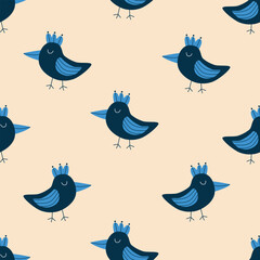 Funny blue birds hand drawn vector illustration. Cute chicken in flat style seamless pattern for kids fabric or wallpaper.