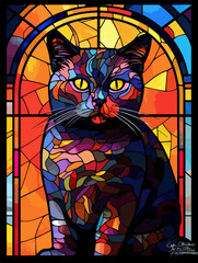 British shorthair cat in stained glass window art style