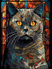 British shorthair cat in stained glass window art style