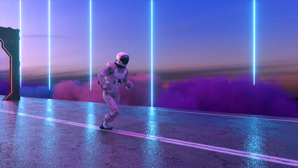Astronaut is running. Reality turns into a diamond. Space road with gates. Starry sky and clouds. Neon laser beams.