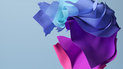 A stack of square colored pieces of fabric fan out and change color. Blue, purple, violet. Drapery. 3d illustration