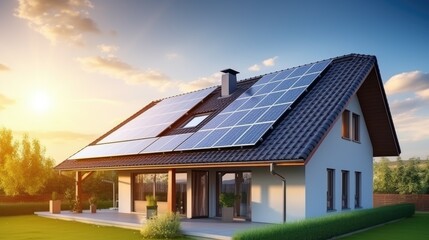 Obraz premium House with solar panels on the roof sustainable and clean energy at home