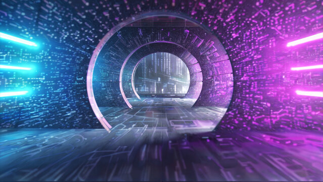 VR concept. Flying through a circular digital tunnel inside a sphere. Glitch. Blue purple neon color. AI. Sticky threads