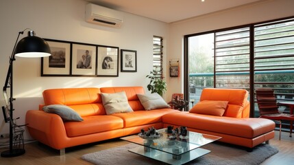 living room have orange leather sofa, generative ai