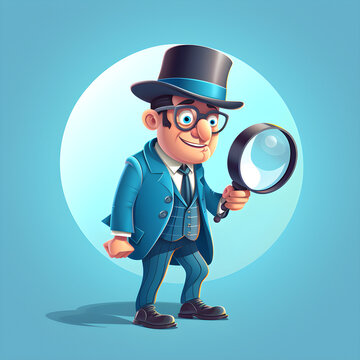 illustration of a detective with a magnifying glass, wearing glasses and a top hat, on a blue background styled like a 3d figurine, clay like properties 