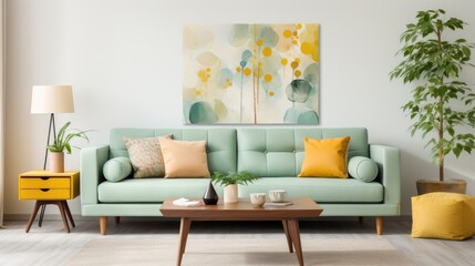 stylish living room interior comfortable sofa, generative ai