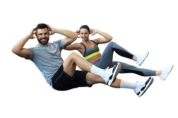 Attractive man and woman working in pairs performing sit ups on a transparent background