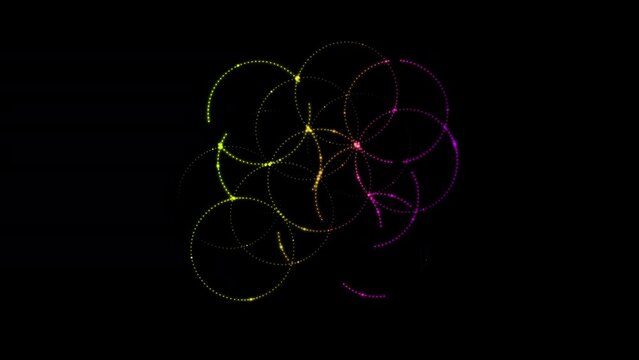 Flower of life, made from small neon blinking dots, light bulbs, with a beautiful and smooth gradient, isolated on a black background. Sacred geometry. 4k loop video animation 60 fp.