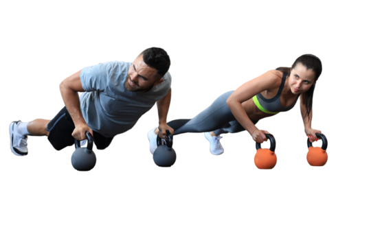 Sporty man and woman doing push-up on a transparent background