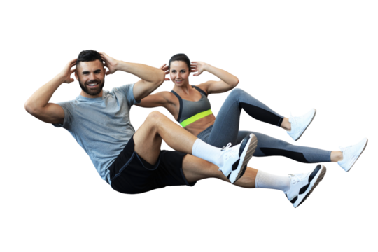 Attractive man and woman working in pairs performing sit ups on a transparent background - Powered by Adobe