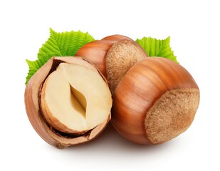 Hazelnut with leaves isolated on white background