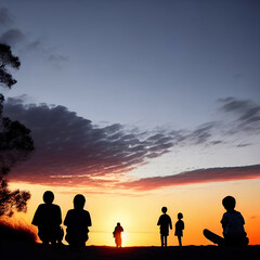 Fototapeta premium a group of children are silhouetted against a sunset