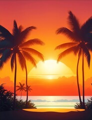 Fototapeta na wymiar Tropical sunset with palm trees and sea. Vector illustration.