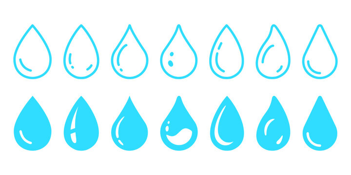いろいろな形の水滴、水と雨のシンプルでフラットな形のベクターアイコンイラスト素材水色