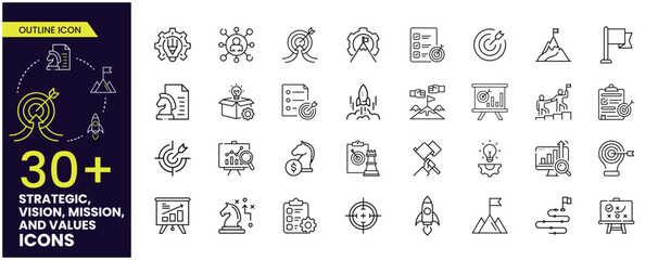 Strategy, Mission, Vision, and Values icons collections. Web page template. Modern outline icons design. Business concept. Outline Icon collections.