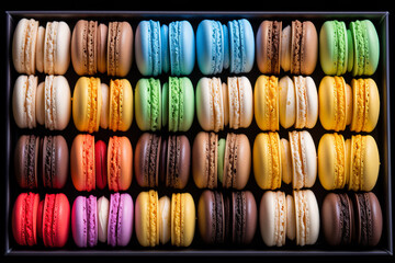 a box filled with lots of colorful macarons on the table, by Arthur Pan, pexels, in rich color, in a row, food photography, minimal