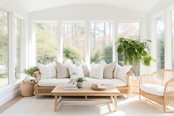 A bright and airy sunroom with a Scandinavian-inspired design, featuring plenty of natural light and a neutral color palette with pops of greenery