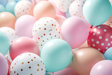 A close-up shot of an arrangement of helium-filled balloons, each adorned with intricate polka dot patterns in a harmonious blend of pastel hues