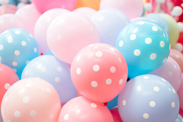 A close-up shot of an arrangement of helium-filled balloons, each adorned with intricate polka dot patterns in a harmonious blend of pastel hues
