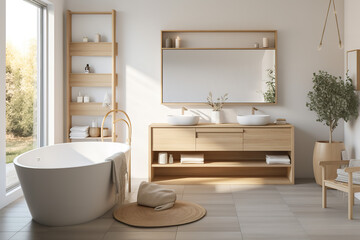 Fototapeta na wymiar A relaxing bathroom with a Scandinavian design, featuring clean lines and light wood accents, creating a calming spa-like atmosphere