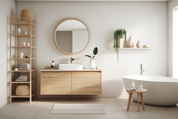 A relaxing bathroom with a Scandinavian design, featuring clean lines and light wood accents, creating a calming spa-like atmosphere - obrazy, fototapety, plakaty