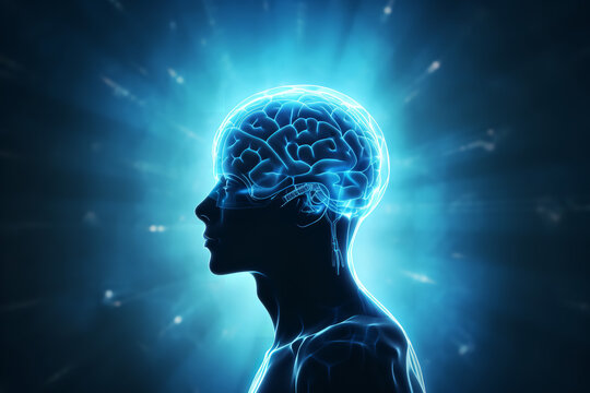A realistic black silouet of a person with a white brain outline inside of the head, blue digital background