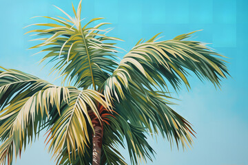 A sunlit palm tree, with its swaying fronds and slender trunk, dances against a backdrop of brilliant turquoise, evoking feelings of tropical bliss and relaxation