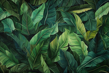 Fototapeta na wymiar A tropical tapestry unfolds, showcasing a mosaic of palm leaves in varying shades of green, their intricate patterns and textures providing a sense of depth and dimension to any surface