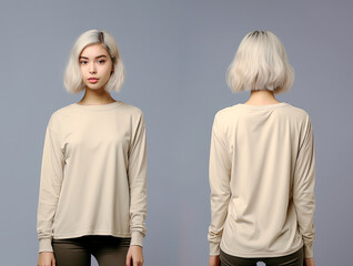 Woman wearing a beige T-shirt with long sleeves. Front and back view