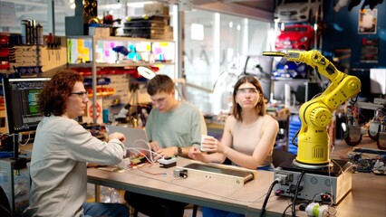 Three young happy engineers fixing an yellow robotic arm in the workshop, computer programming