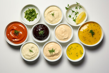 An overhead shot of different condiments, including tartar sauce, horseradish sauce, hollandaise sauce, and aioli, arranged in a visually appealing flat lay composition