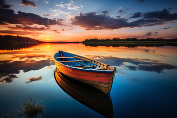 classic wooden boat floating on a pristine lake as the sunset, dynamic composition and dramatic lighting, the Tyndall effect, rule of thirds composition, blue, orange, red, yellow