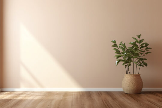 Blank Beige Brown Wall In House With Dry Plant In Wooden Basket Pot, Baseboard On Wooden Parquet In Sunlight For Luxury Interior Design Decoration, Home Appliance Product Background.3D Rendering